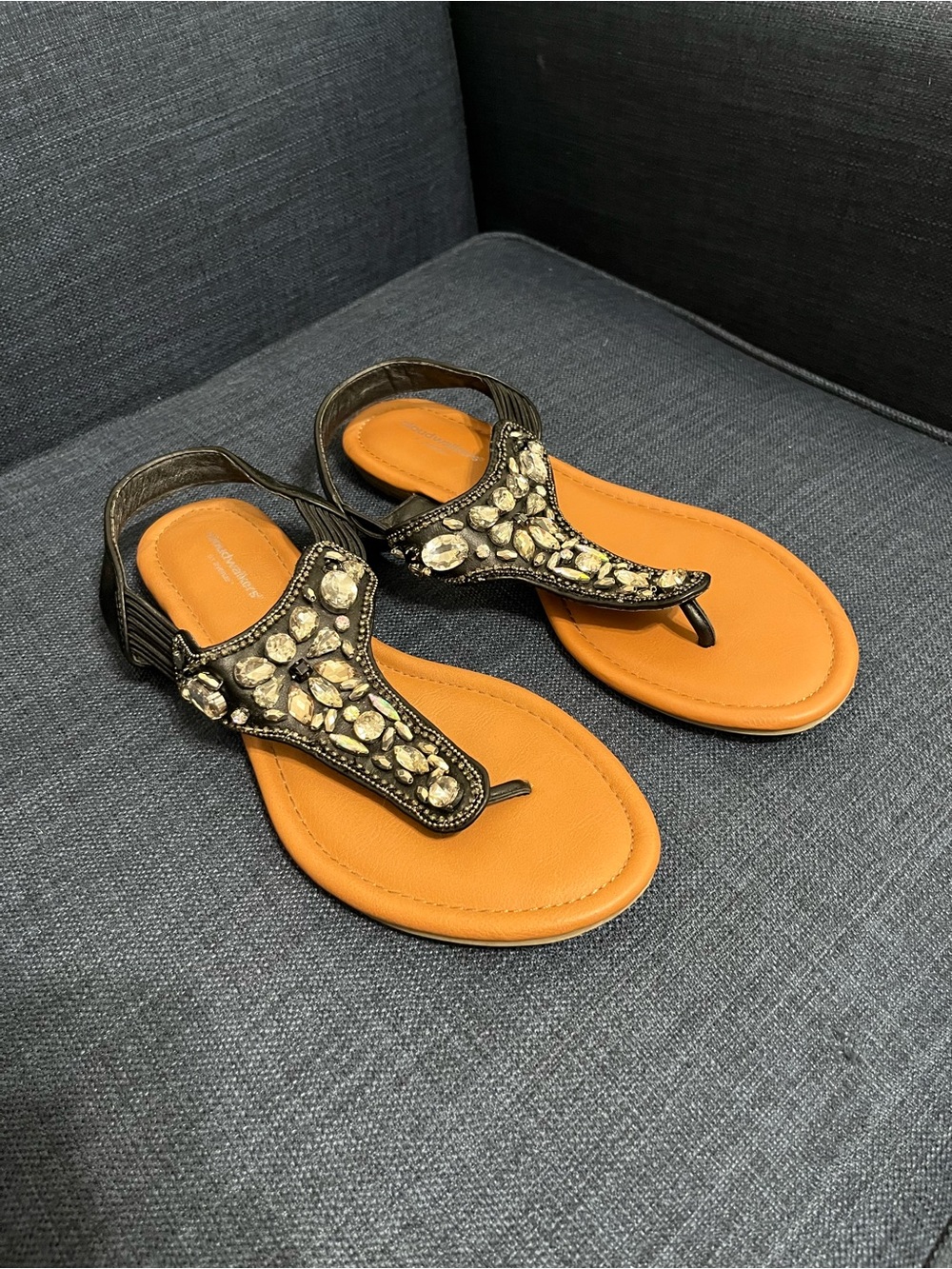 cloudwalkers Black Jeweled T-Strap Sandals with Orange Footbed